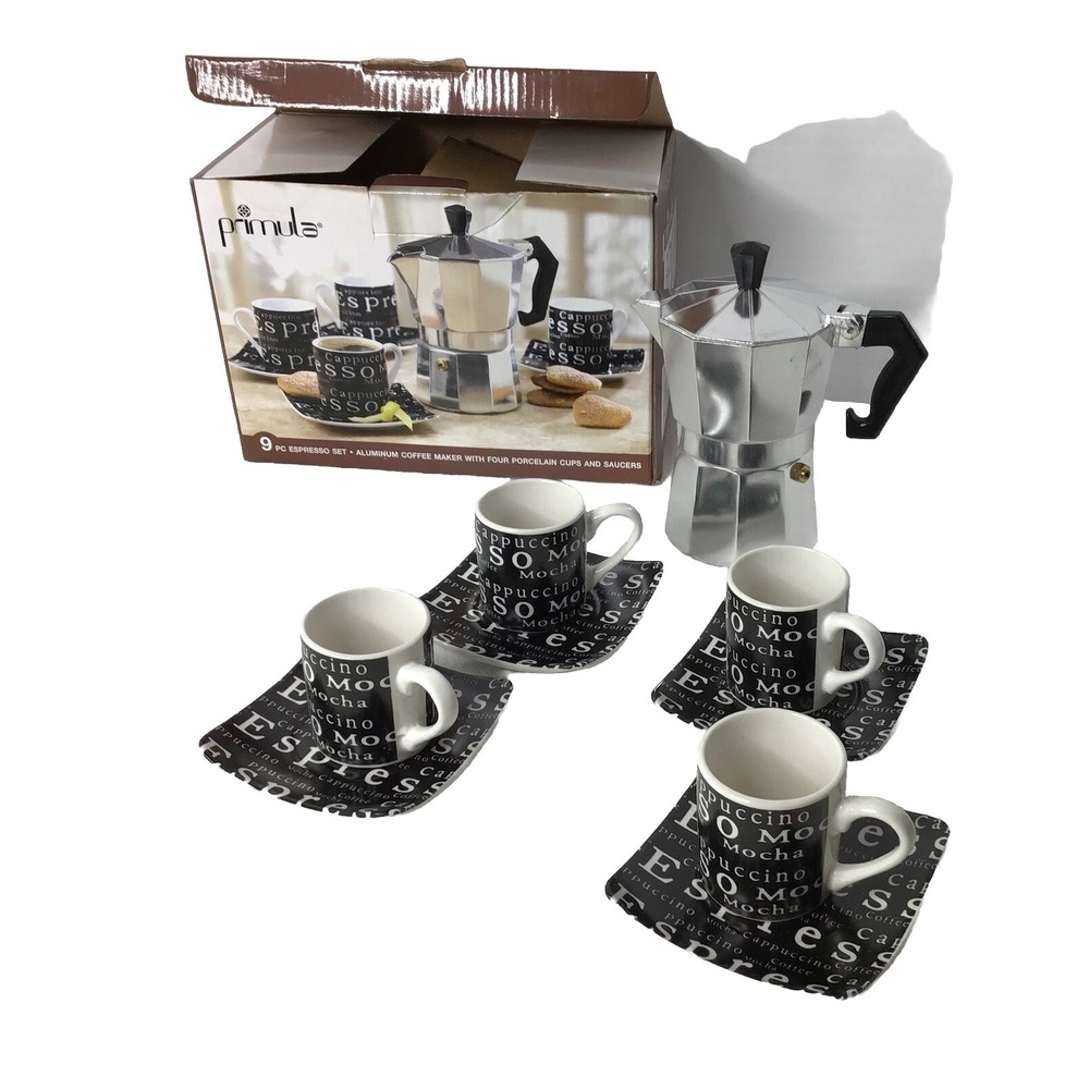 Primula 9 Pc Espresso Set Aluminum Moka Pot 4 Porcelain Cups Saucers Black White